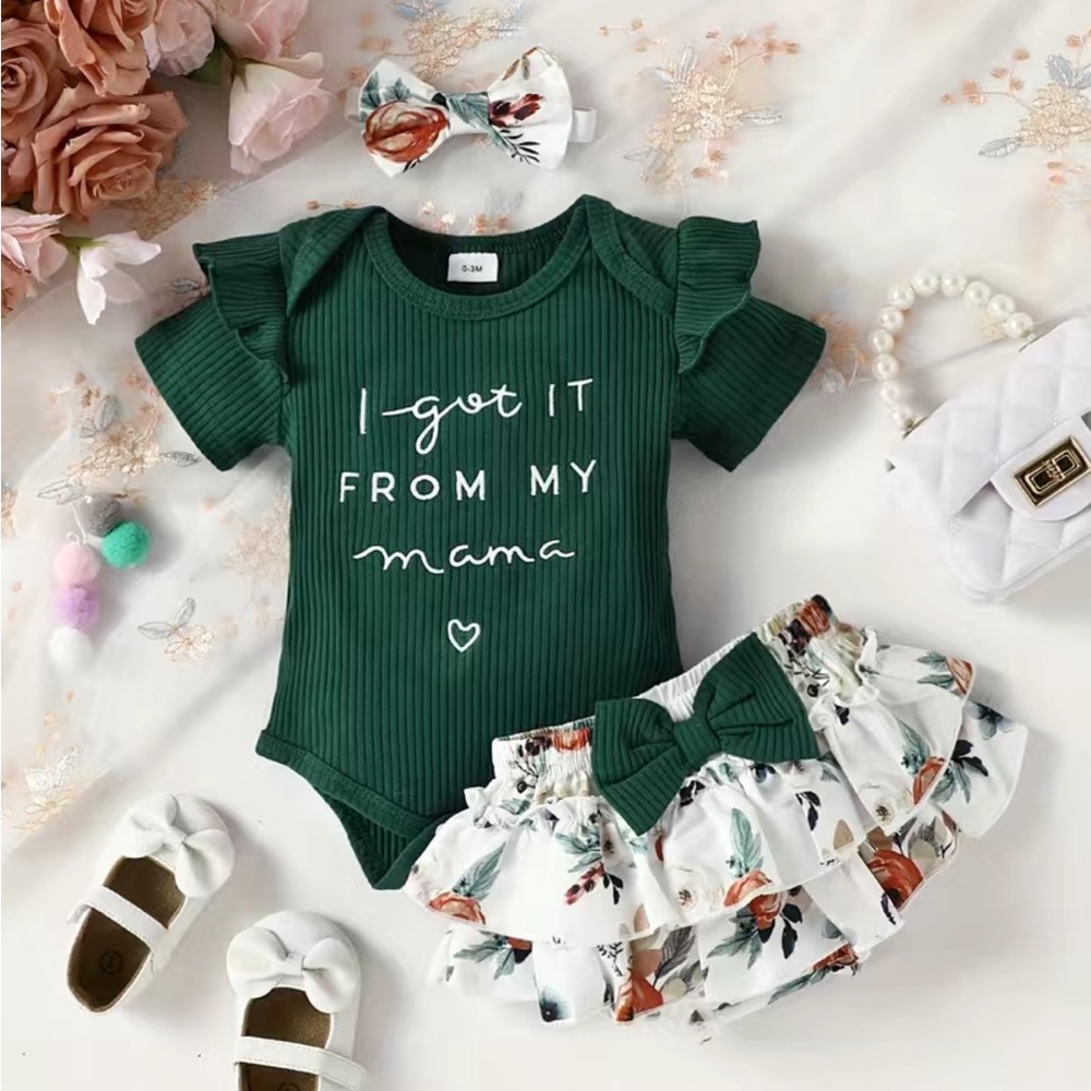 Green 3 Pcs I Got It From My Mama Onesie, Floral Shorts and Headband Set